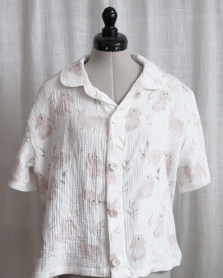 Bunny Pyjama Shirt only, handmade in Switzerland, made from 100% cotton, cute animal bunny print, muslin fabric, sleeping clothing, shirt and pants